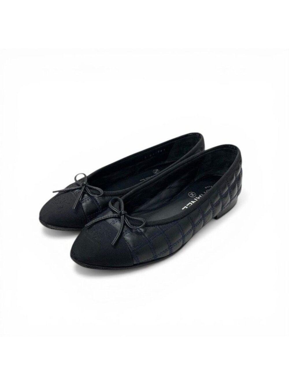 Chanel Flat Shoes Leather Fabric Black Navy CC Logo Quilted Ribbon Ballet